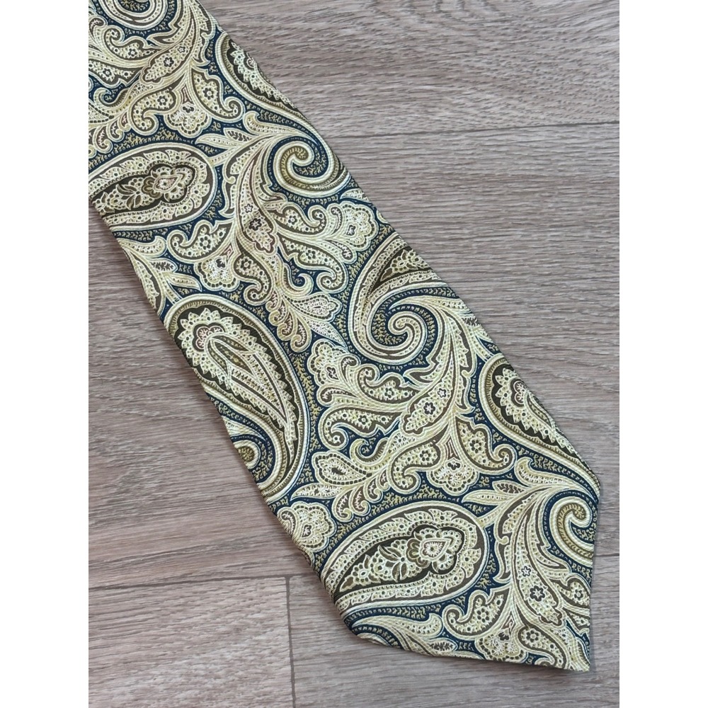 Coach Mens Silk Tie Gold Olive Green Navy Blue Paisley Hand Made Necktie